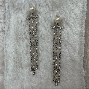 Vintage Monet Chandelier Earrings Pearl Rhinestone Silver Y2K Formal Pierced Ear